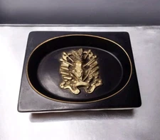 Vintage Ceramic Raised Brass Knight Ashtray Black Medieval Crest Mancave Office