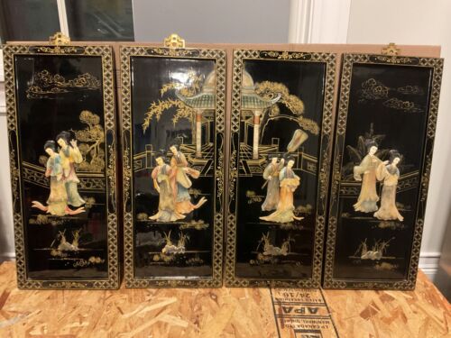 Vintage Asian Geisha Mother of Pearl Wall Art set of 4 panels