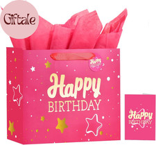 13" Pink Happy Birthday Gift Bag with Tissue Paper and Greeting Card for Party,H