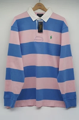 Polo Ralph Lauren Rugby Shirt T-shirt Iconic XL Pink blue Striped 3250G - Image 1 of 4