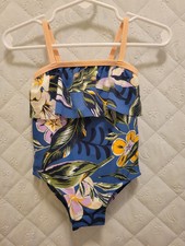 Oshkosh Infant Girl's 1 Piece Bathing Suit Tropical Flowers Blue And Peach 12 M