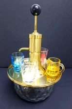 VTG 1950's Park Sherman Brass Pump & Glass Liquor Dispenser, 4 Shot Glasses READ