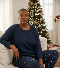 New Jenni Women's Plus PJ Sets Christmas Holiday Theme Lights Blue 3X Waffle