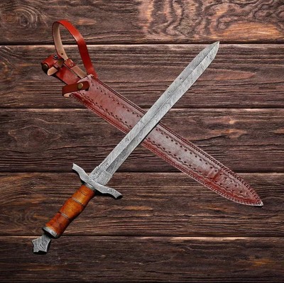 Handmade Damascus Viking Sword with Leather Sheath | Medieval Gift for Him