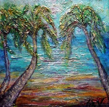 Palm Trees Beach Original Painting, Ocean Water Seascape Art, Coastal Tropical