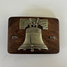1976 Bicentennial Liberty Bell Belt Buckle Wood Back Patriotic USA
