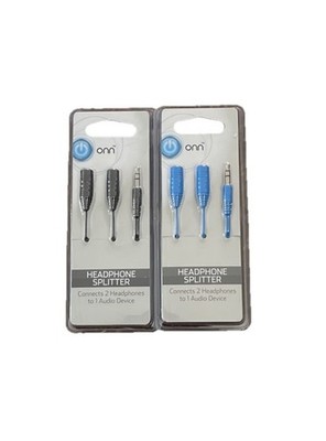ONN Headphone Splitter. 2Pk Connect 2 Headphones To 1 Audio Device. Black/ Blue