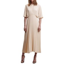 Mango Pleated Midi Dress Ivory Cream Batwing Short Sleeve Empire Waist Large