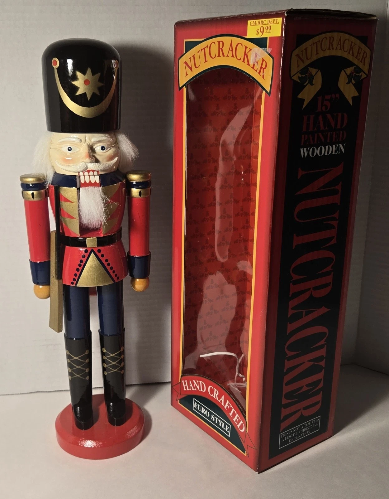 Hand Crafted Euro Style Red Nutcracker. In Box 15" Wooden Hand Painted. Beard