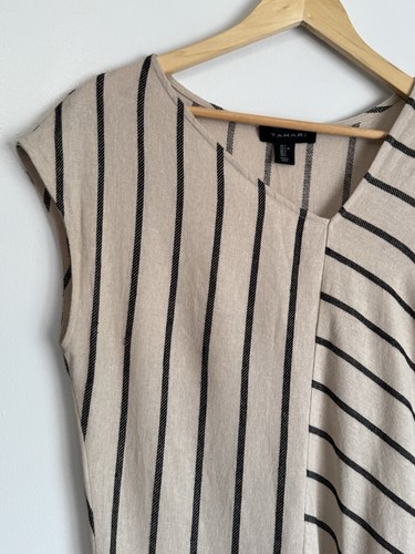 Tahari Women’s Asymmetrical Stripe Linen Midi Dress Size L Woven Beach Travel - Picture 4 of 9