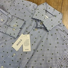 Eton Dress Shirt Men S 38/15 Blue Avocado Polka Dot AOP Button Up LS Slim NWT