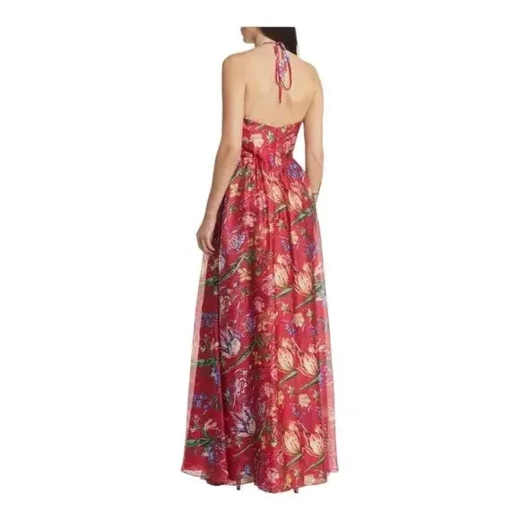 Vestido Marchesa Notte Rojo Recorte Estampado Floral Sweetheart Charmeuse Talla 8 $895 Foto 2 de 2