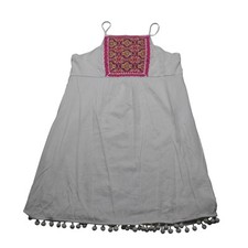 Miami Dress Womens Large White Sleeveless Embroidered Boho Pom Pom Trim Festival