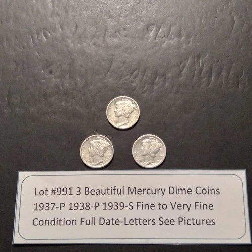Lot #991 3 Beautiful US Mercury Dimes 1937-P 1938-P 1939-S F-VF See Pictures