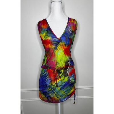 Luli Fama Womens Multicolor Tropical Print Open Back Mini Dress Swim Cover Up XS