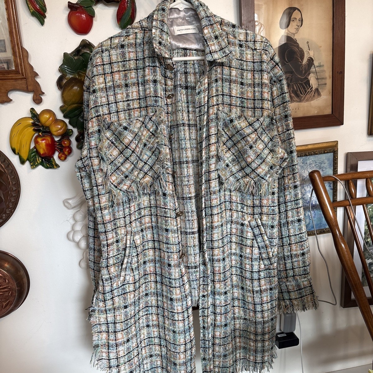 Faith Connexion Blue Tweed Jacket Shirt Shacket Button Up Women