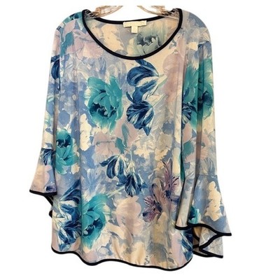 Juniper + Lime Women's Blue Purple Floral Bell Sleeve Tunic Blouse Size XL