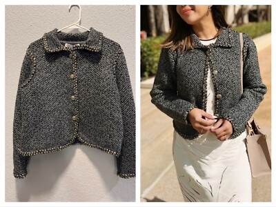 ZARA WOMAN NWT BRAIDED TRIM KNIT JACKET GRAY | 2756/131 ALL SIZES