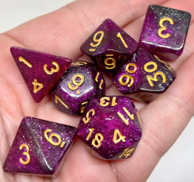 Purple/Black Galaxy Glitter Polyhedral Dice Set Acrylic DND Dice D&D TTRPG