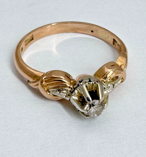 Vintage 18k Solid Rose Gold & Platinum Solitaire 0.08 ct Diamond Ring - Picture 12 of 19