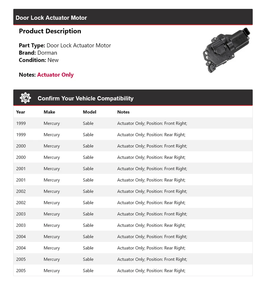 Para 1999-2005 Mercury Sable Dorman motor atuador de trava de porta 2000 2001 2002 2003 - Imagem 2 de 4