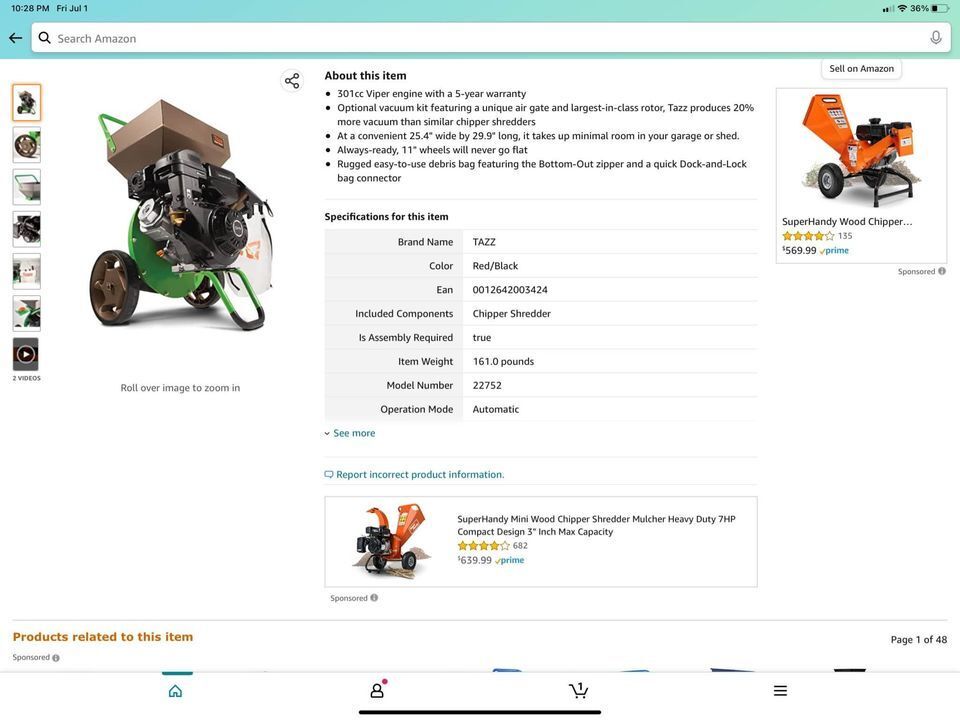 Tazz 22752 K33 Chipper Shredder, 301cc Gas Powered 4-Cycle Viper