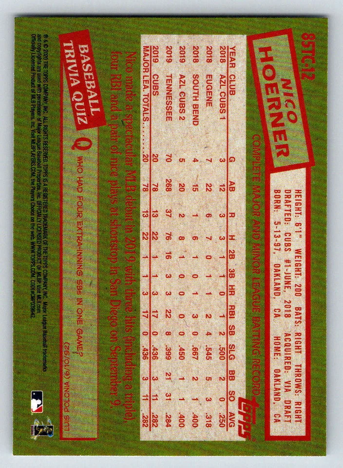 2020 Topps Chrome '85 Topps #85TC12 Nico Hoerner (ref Y00987) - Image 2 of 2