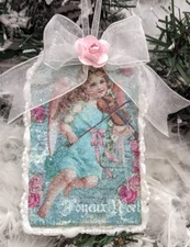 Shabby Victorian Chic Angel Pink Roses Cherub Bow Decoupage Christmas Ornament