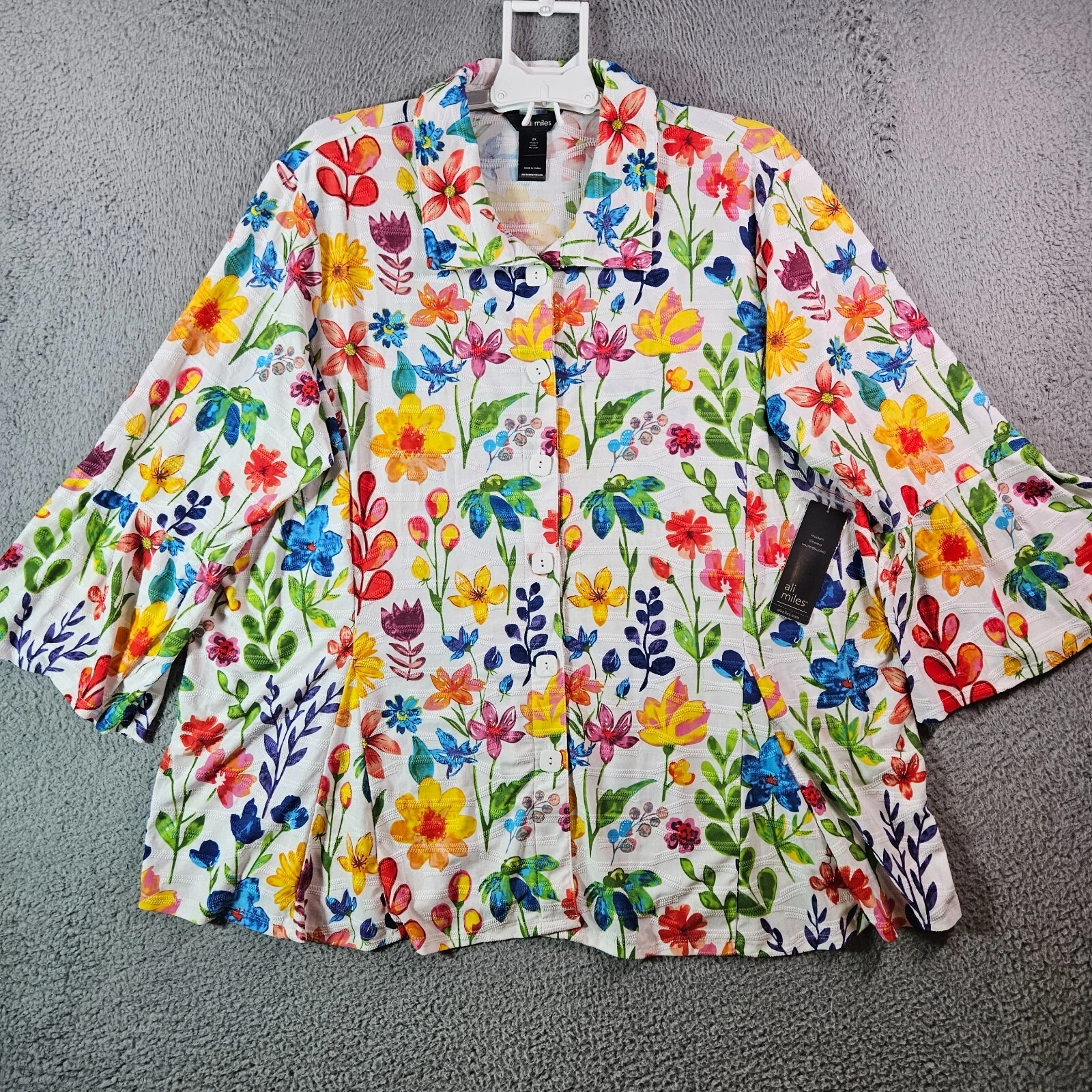 NWT Ali Miles Shirt Tunic Top Women 2X Button Up Colorful Floral Print Stretch