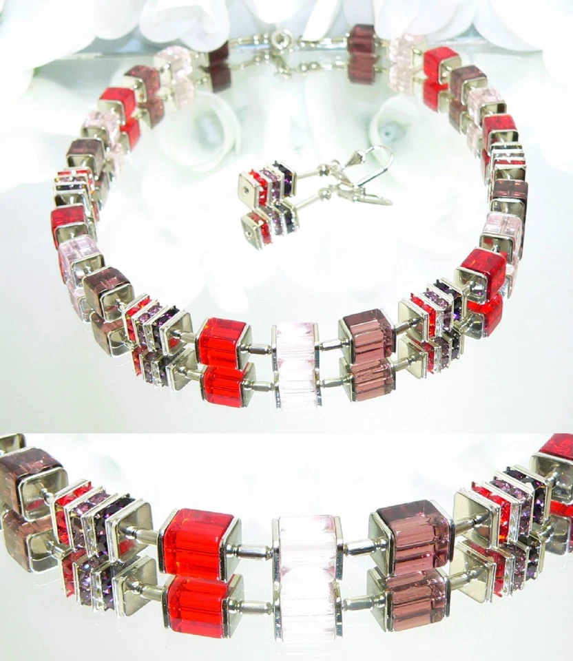 3er Schmuckset Perlen Glas Würfel Strass rot rosa amethyst mehrfarbig 092h