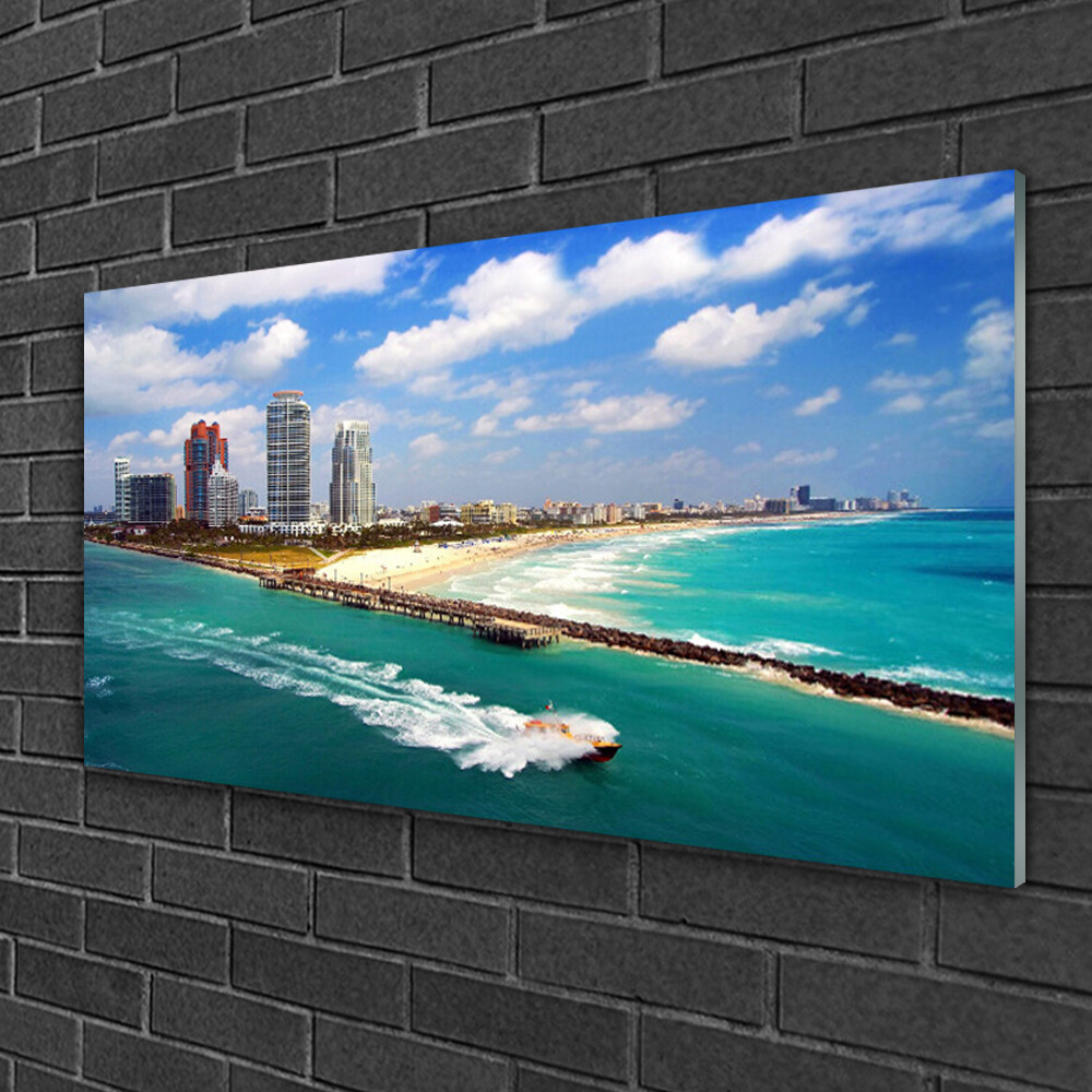 Tableau sur verre paysage mer et coucher de soleil urbain 100x50 cm pour une ambiance relaxante