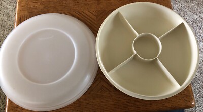 Tupperware Almond divided serving dish #1708-5 and lid #1709-6