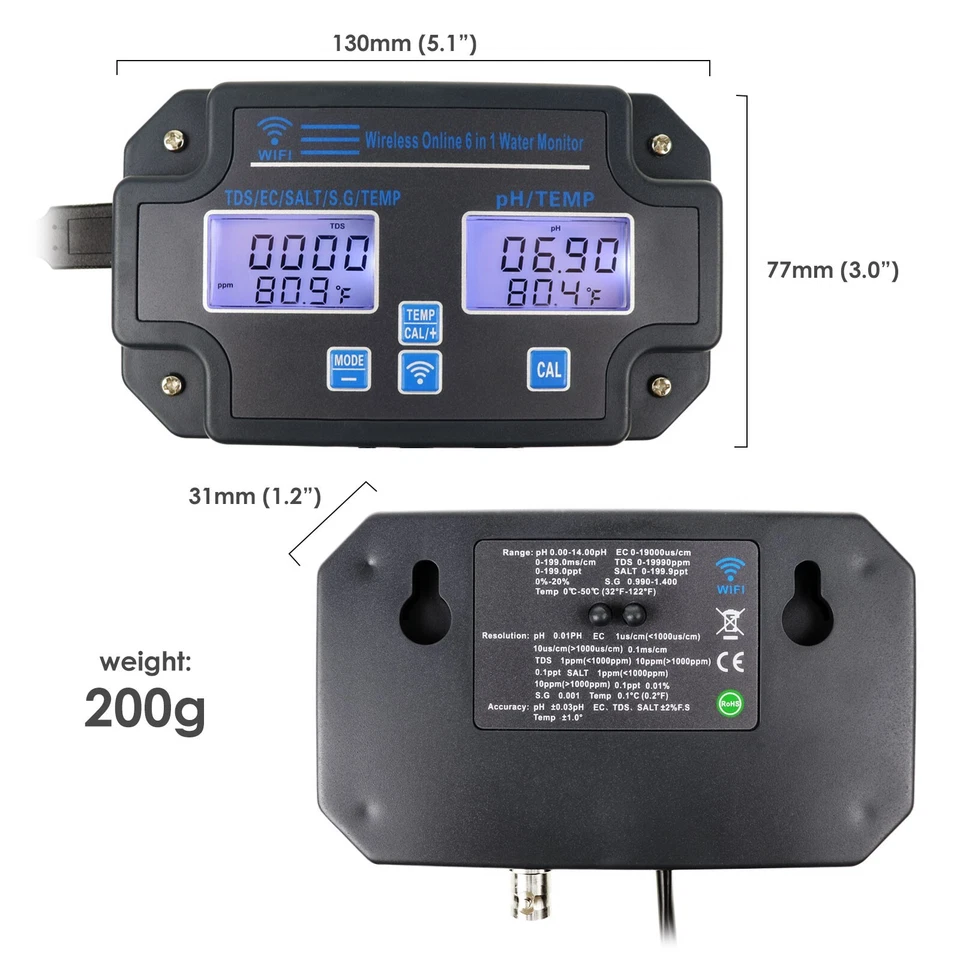 5.1" 6 in 1 Water Quality Tester Fish Tank Aquariums 24Hrs Online APP Monitoring - Image 2 of 4