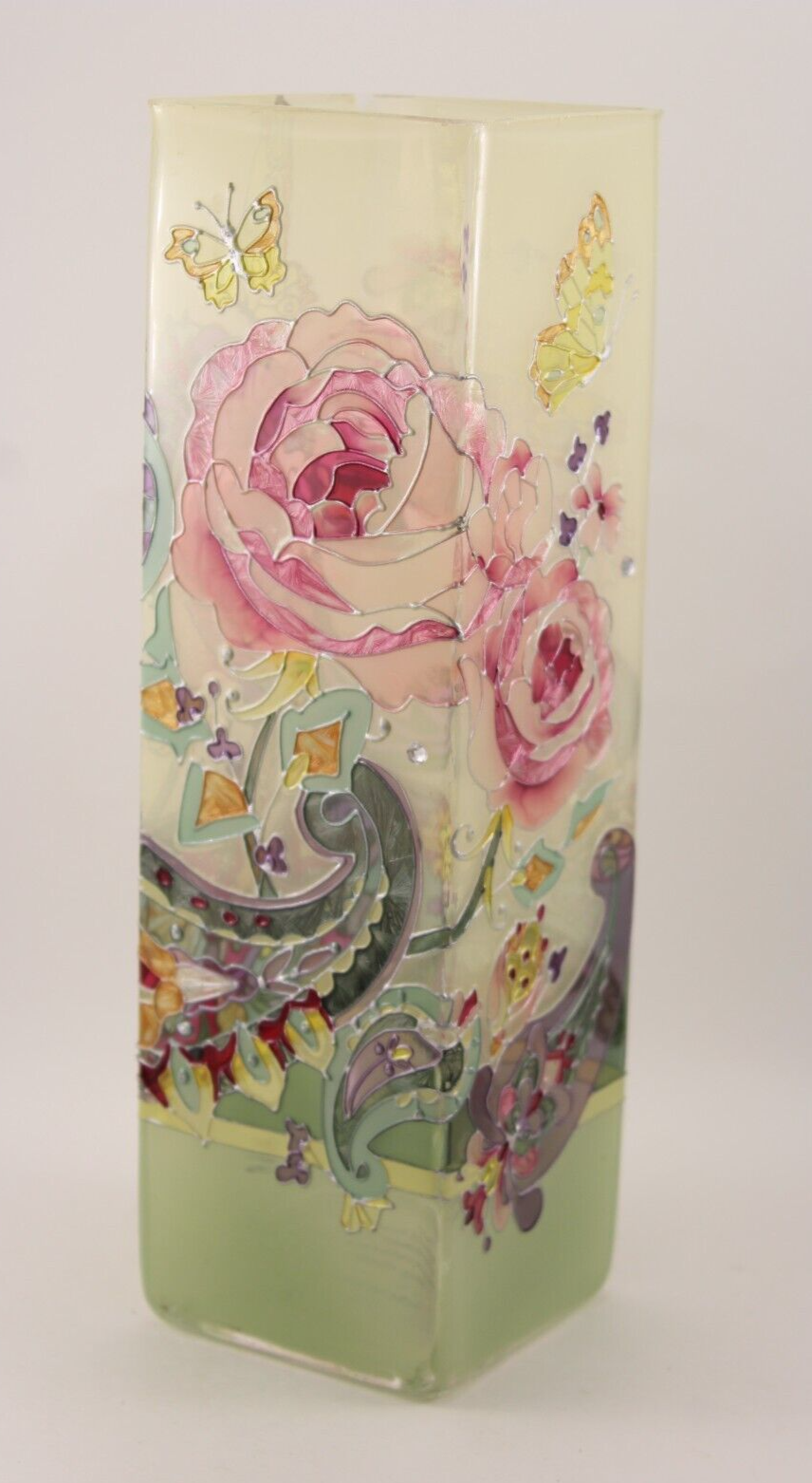 Joan Baker Hand Painted Stained Glass Vase Butterfly Floral Paisley 10