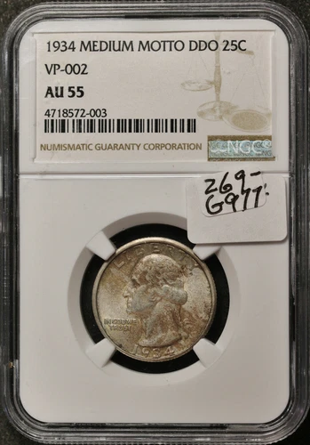 1934 Washington Quarter. VP-002  Medium Motto.  DDO. In NGC Holder.  AU 55. g977