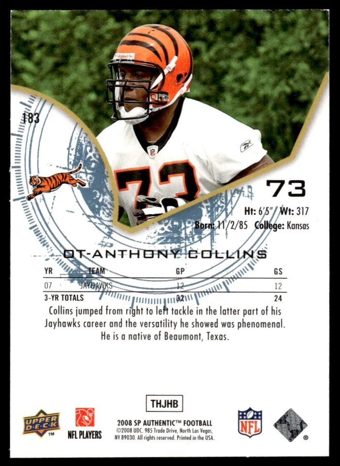2008 SP Authentic Anthony Collins Rookie 055/999 Cincinnati Bengals #183 R40 - Image 2 of 2