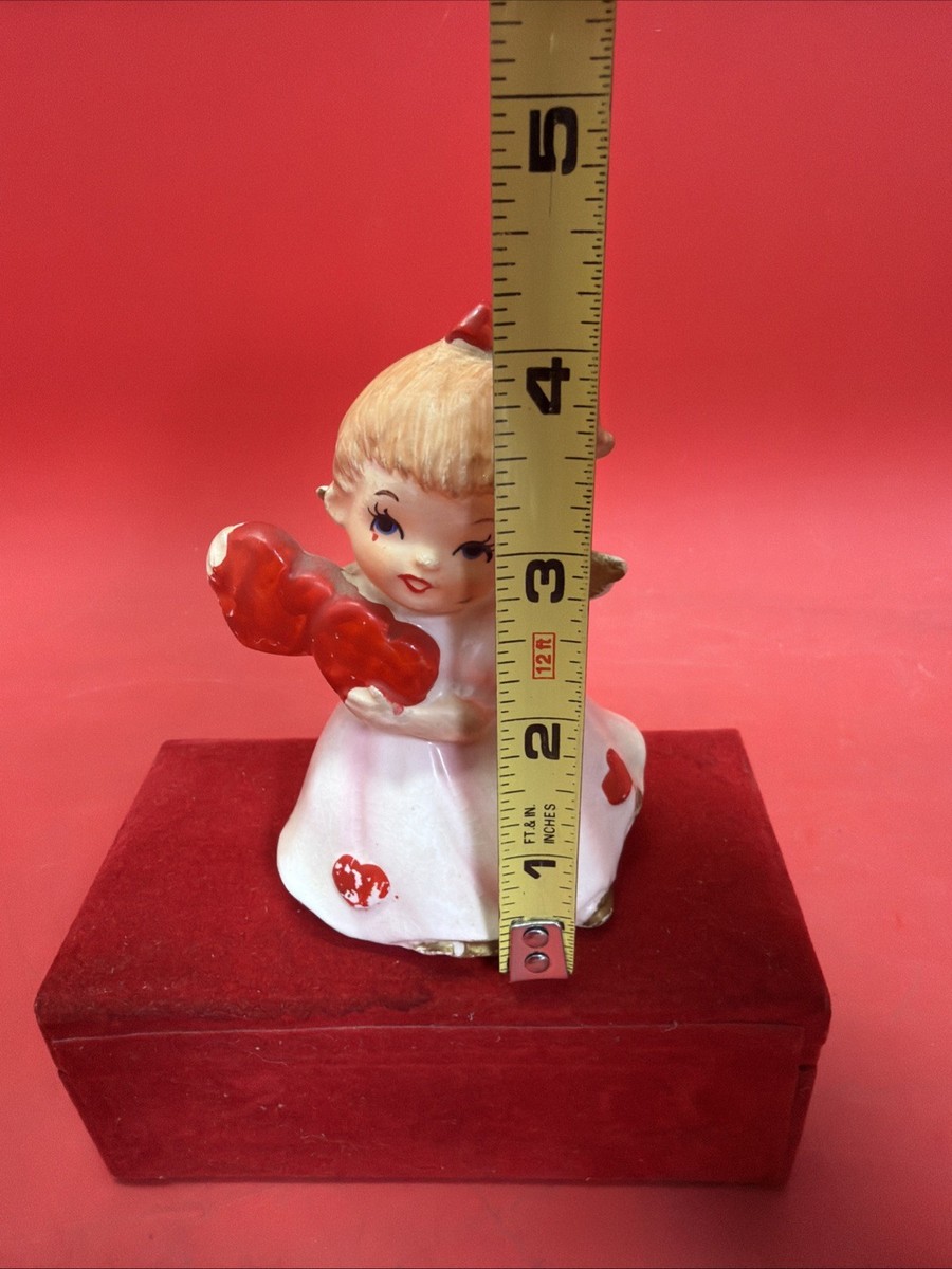 Vintage Lefton Valentine Angel Girl Ceramic Red Hearts Gold Trim