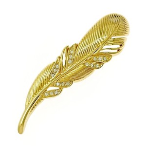 Authentic 【With Box】 Christian Dior Gold Plated/Rhinestone Feather Brooch for Wome...