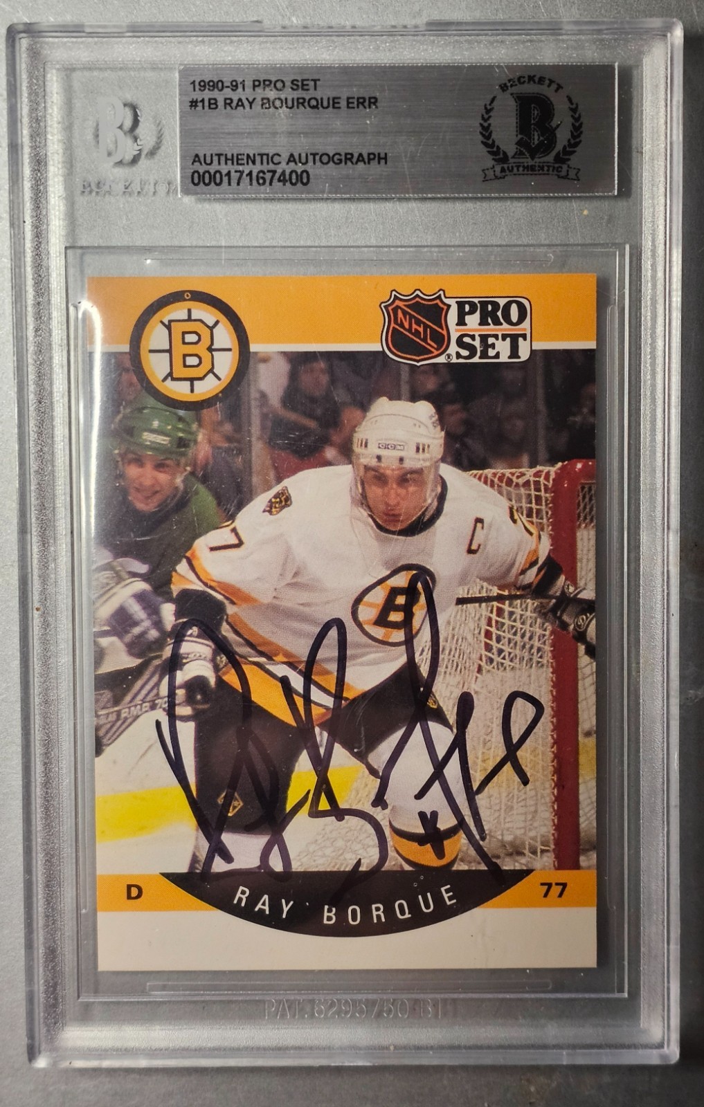 1990-91 Pro Set #1B Ray Bourque Error Signed Beckett Authentic-Free USA Shipping