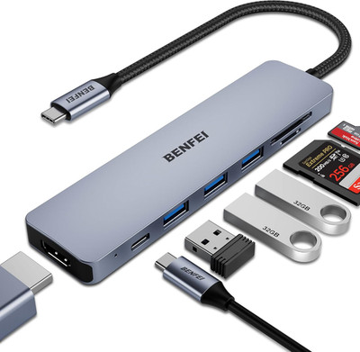 USB C HUB 7-In-1 with Hdmi(4K@60Hz,Certified), 100W Power Delivery, 3*USB 3.0, S