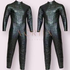 Men's Leather Bodysuit Zipper Back Jumpsuit Long Sleeve Catsuit Clubwear