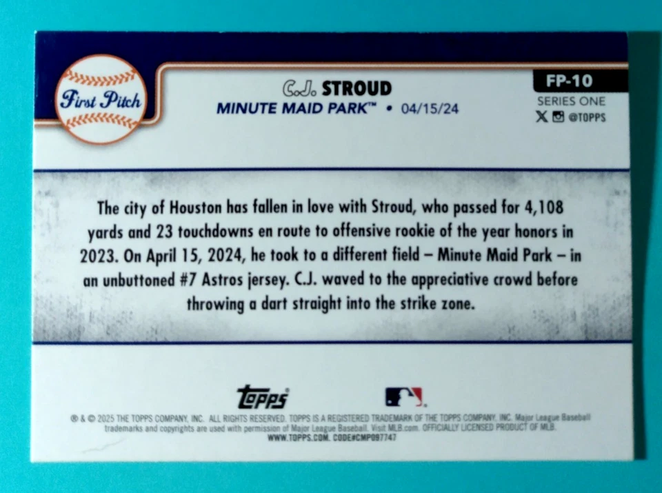 2025 TOPPS BASEBALL *** CJ Stroud: First Pitch *** #FP-10 - Image 2 of 2