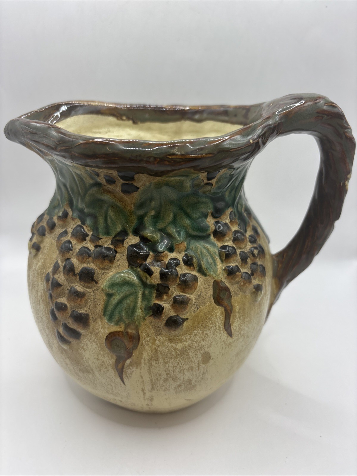 Vintage Italian Majolica Pitcher Ceramic Art Pottery Signed On Bottom