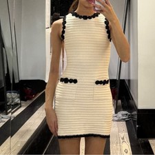 Doen Millicent Pima Cotton Knit Pocket Trim Sleeveless Mini Dress Cream Black