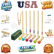 Six Player Croquet Set with Premiun Rubber Wooden Mallets 28In,Colored Ball,W...