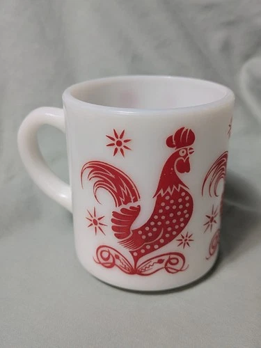 Hazel Atlas Red Rooster Milk Glass Coffee Mug Vintage 1950,s