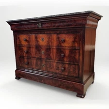 ANTIQUE FRENCH LOUIS PHILIPPE MARBLE-TOP BURLED MAHOGANY CHEST COMMODE