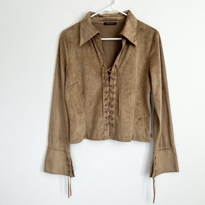 Amisu Boho Western Lace Up Faux Suede Top Cowboycore Retro Festival 70s Style L