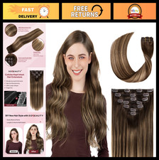 Real Human Hair Clip-in Extensions 16" Balayage Chocolate Brown to Caramel Blond