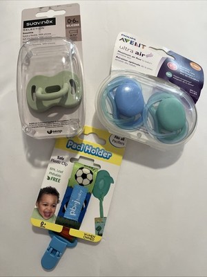 Set Of 3 Pacifiers & 1 Paci Holder - Blue/Green Suavinex & Philips Avent